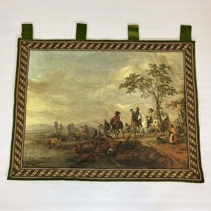 Vintage Tapestry Wall Hanging 24 X 32” Hunting On Horses Corona Decor Signed